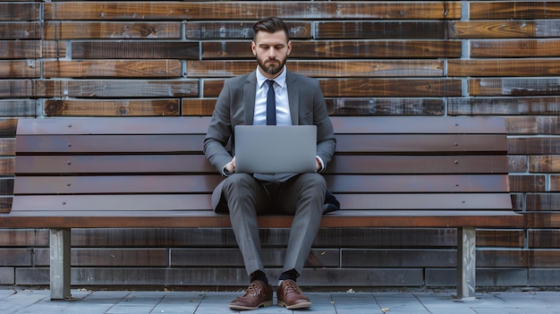 Un hombre de negocios confiado en un traje trabajando en su portátil mientras está sentado en un banco del parque
