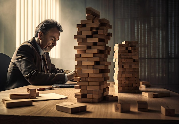 Hombre de negocios configurando una torre de bloques de madera en el escritorio