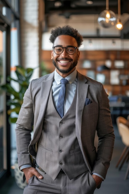 Un hombre de negocios consumado con ropa formal sonriendo con confianza en un interior de oficina moderno que muestra el éxito y la colaboración en un entorno corporativo diverso