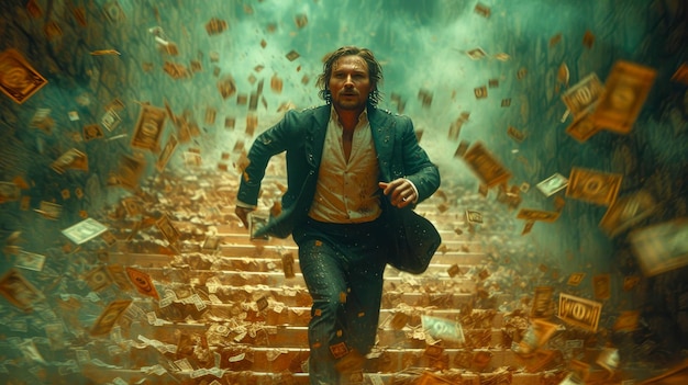 Un hombre de negocios corriendo por las escaleras bajo la lluvia de billetes de dólar.