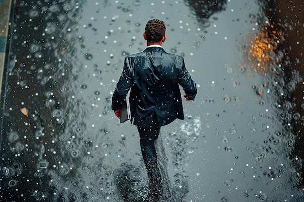 Un hombre de negocios corriendo bajo la lluvia con un archivo en una mano en una calle de la ciudad