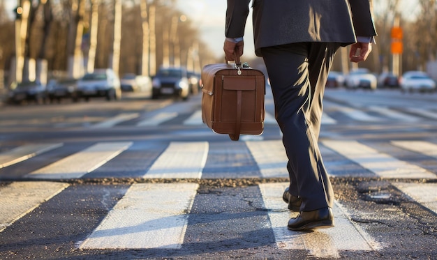 Un hombre de negocios cruzando la calle con un maletín