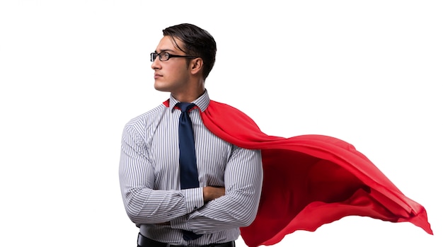 Hombre de negocios en la cubierta roja aislada en blanco