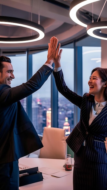 Un hombre de negocios le da un "high five" a una mujer de negocios en la oficina.