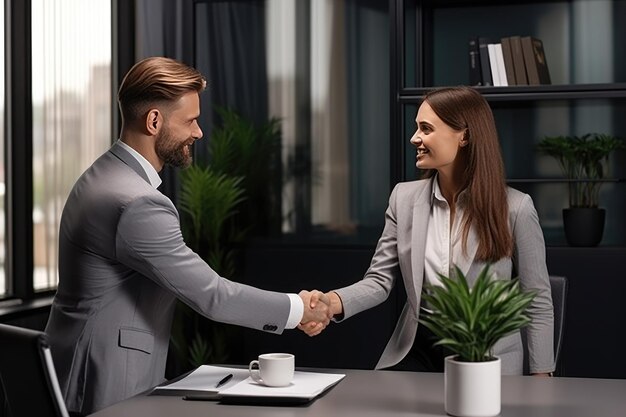 Foto hombre de negocios y dama estrechando la mano en la oficina