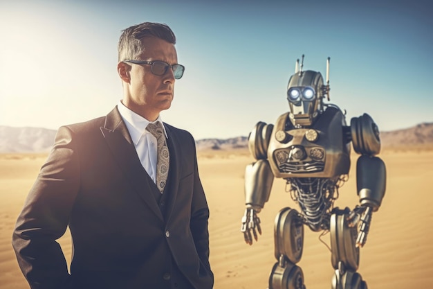 Hombre de negocios en el desierto con un robot retro Gerente en traje clásico negro con máquina automática Generar ai