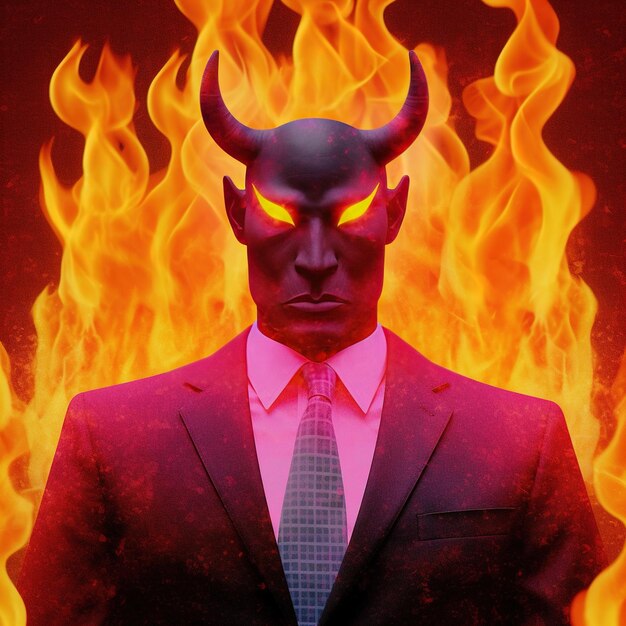 Hombre de negocios del diablo con la cabeza en llamas Ilustración conceptual para halloween AI generativo