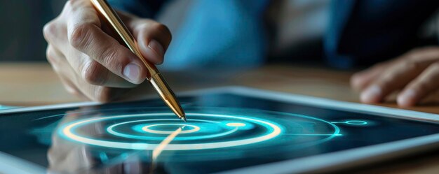 Foto un hombre de negocios dibujando un objetivo en una tableta digital con un bolígrafo con fondo bokeh borroso