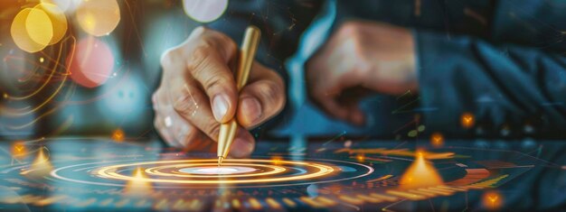 Un hombre de negocios dibujando un objetivo en una tableta digital con un bolígrafo con fondo bokeh borroso