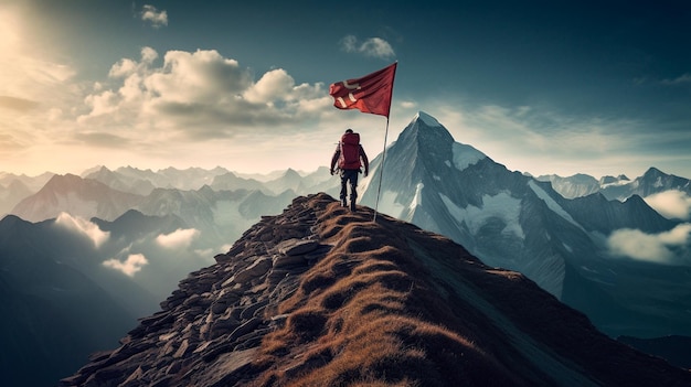 El hombre de negocios se encuentra en la cima de una montaña con una bandera