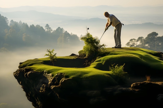 El hombre de negocios es inteligente y juega al golf para la acción ganadora en el campo verde en la montaña del campo de golf