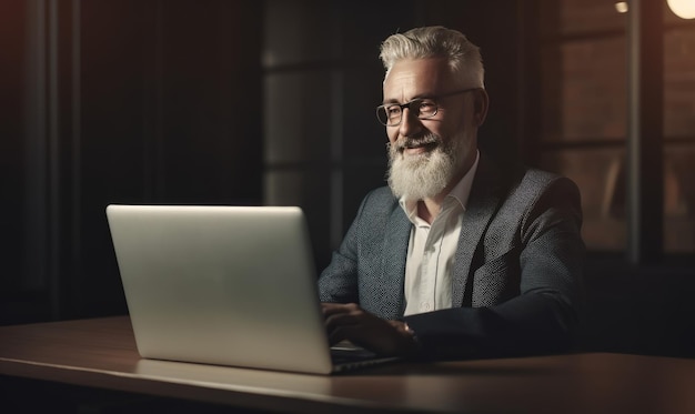 Un hombre de negocios escribiendo en una computadora portátil en una oficina moderna Creando usando herramientas generativas de IA