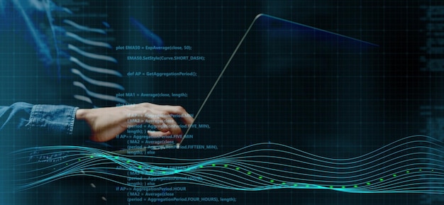 Hombre de negocios escribiendo en la mano de la computadora portátil cerca de la bolsa de valores finanzas descentralizadas tecnología de análisis de datos comerciales comerciales