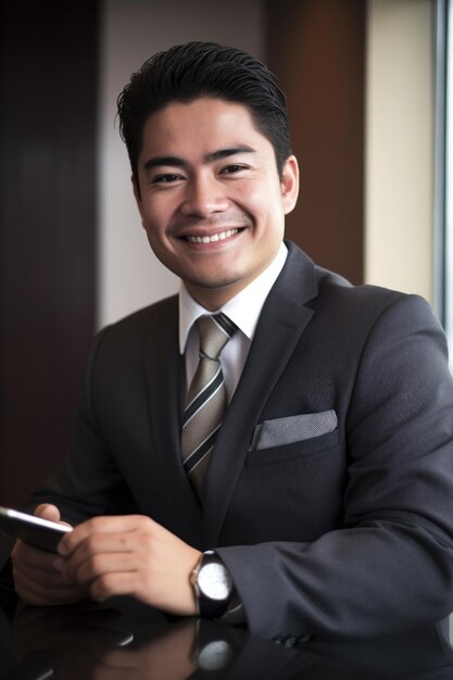 Hombre de negocios escribiendo en una tableta digital y sonriendo a la cámara creada con ai generativo