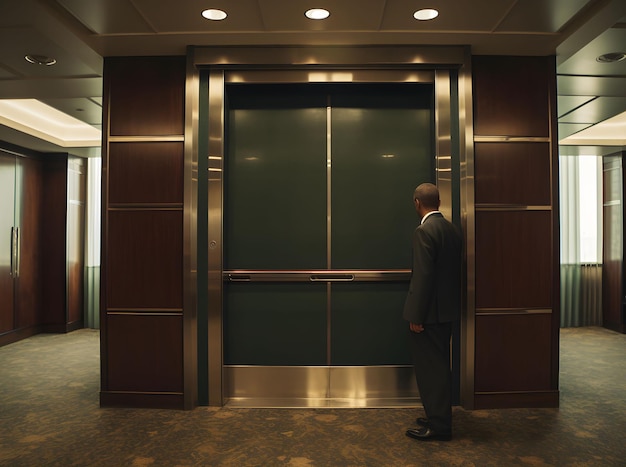 Un hombre de negocios esperando el ascensor en el vestíbulo del hotel.