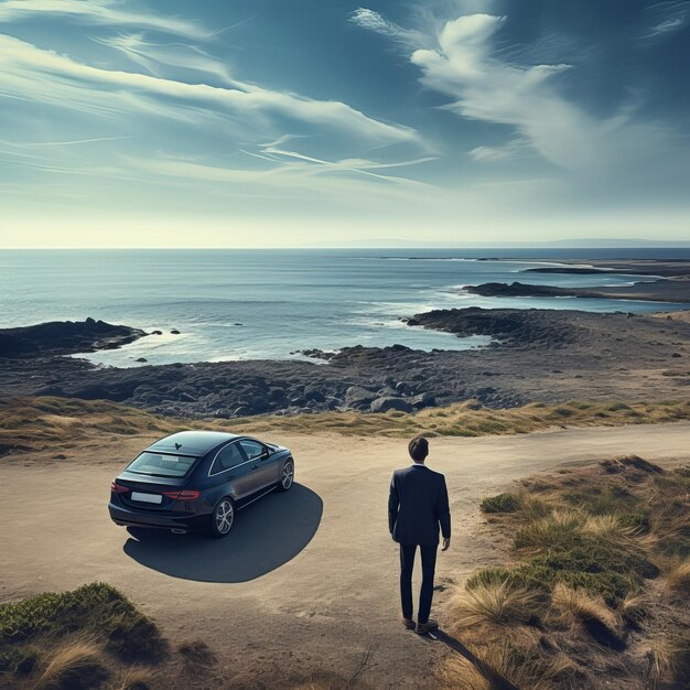 Un hombre de negocios está cerca de un supercoche moderno en el océano y mira el mar y la puesta de sol