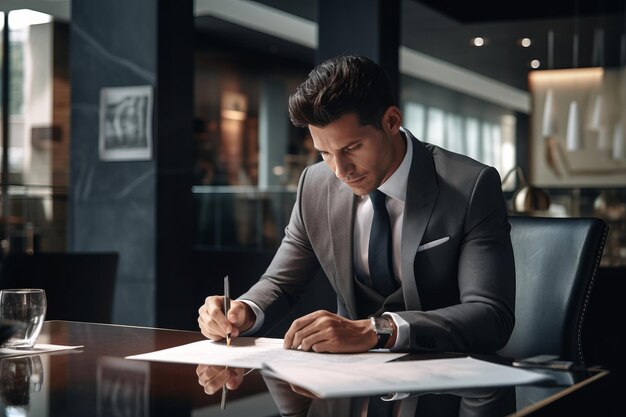un hombre de negocios está firmando un pedazo de papel en una mesa de oficina en el estilo de la elegancia inquietante gris oscuro y negro claro generado por la IA