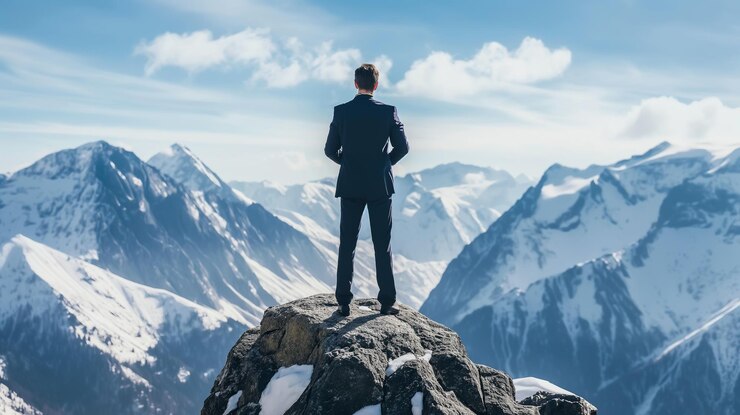 Un hombre de negocios está orgulloso en la cima de una montaña AI generativa