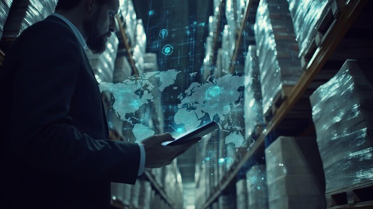 Foto un hombre de negocios está de pie en un almacén mirando una tableta con un mapa digital del mundo