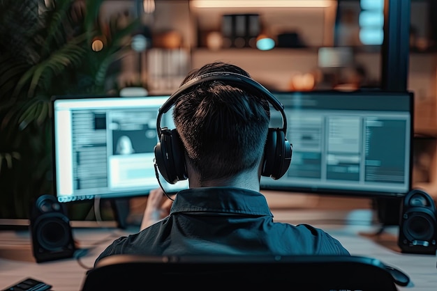 El hombre de negocios está sentado en la oficina con auriculares y hablando en una videocall