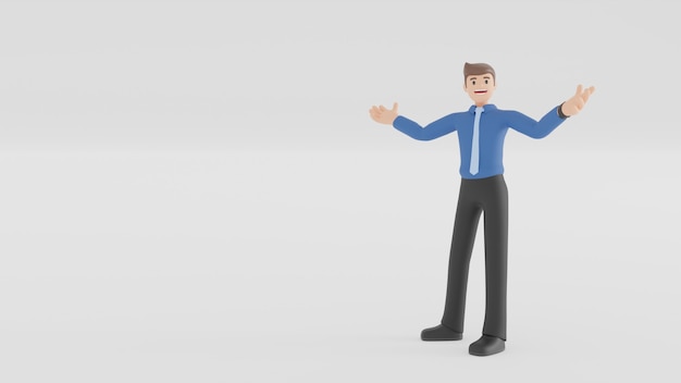 El hombre de negocios está sonriendo, se para y señala con la mano en el aire a su lado. Gente de negocios en explicar o concepto de presentación en renderizado 3d.
