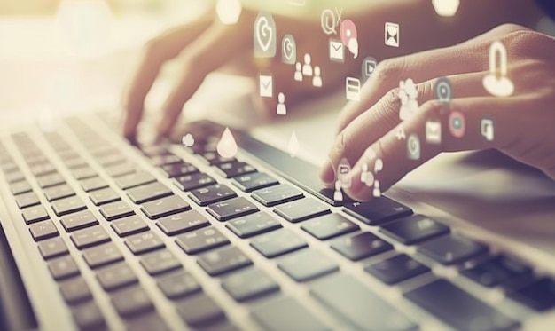 El hombre de negocios está usando una computadora portátil con iconos de redes sociales sobre el teclado