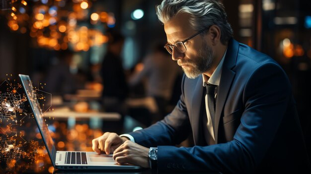 El hombre de negocios está usando IA a través de su computadora portátil