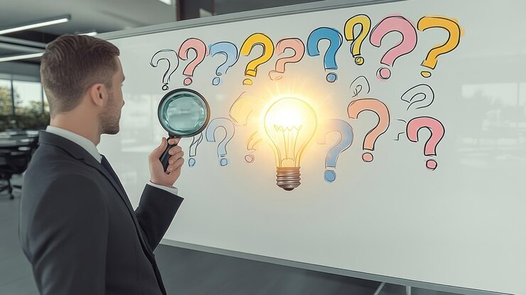 Foto un hombre de negocios examina preguntas que llevan a una brillante idea