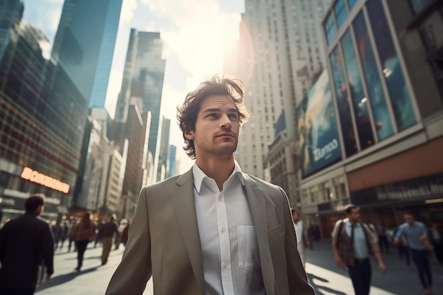 Un hombre de negocios exitoso caminando por edificios de oficinas con paisaje urbano por generativo Ai
