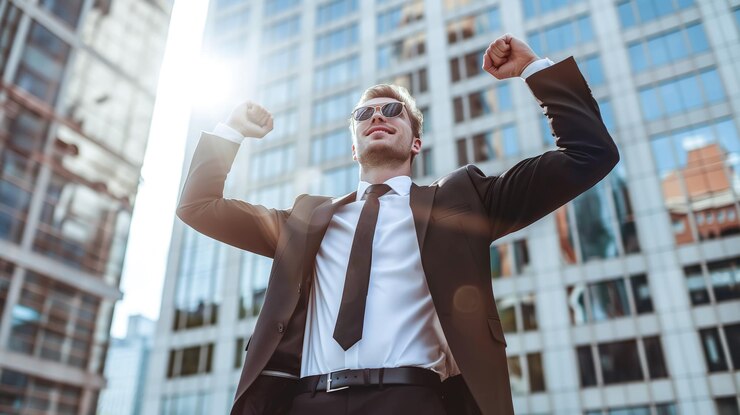 Un hombre de negocios exitoso levanta las manos como un ganador celebrando su logro IA generativa