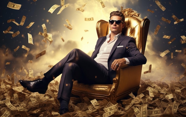 Un hombre de negocios exitoso sentado en una silla con dinero lloviendo un hombre muy rico concepto de éxito empresarial