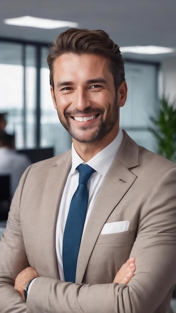 Un hombre de negocios exitoso sonriendo en una oficina moderna.