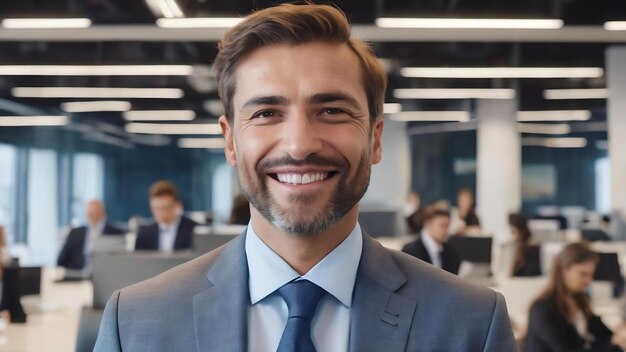 Un hombre de negocios exitoso sonriendo en una oficina moderna.