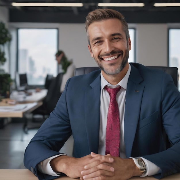 Un hombre de negocios exitoso sonriendo en la oficina.