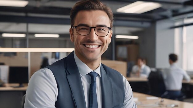 Un hombre de negocios exitoso sonriendo en la oficina.