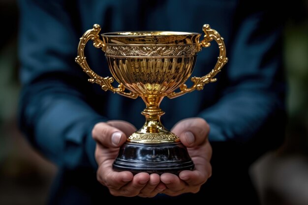 Un hombre de negocios exitoso sosteniendo el trofeo de la copa de oro