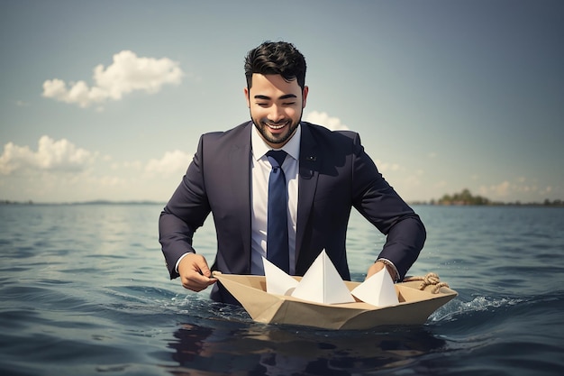 Foto un hombre de negocios exitoso tirando de un barco de papel con una cuerda