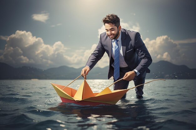 Foto un hombre de negocios exitoso tirando de un barco de papel con una cuerda