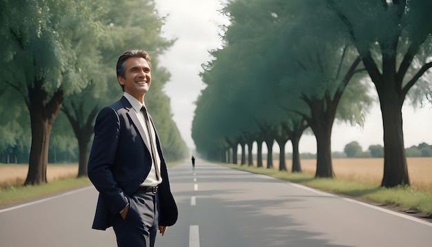 Un hombre de negocios feliz de pie en la carretera frente a los árboles