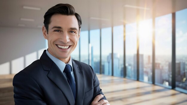 Un hombre de negocios feliz sonriendo a la cámara.