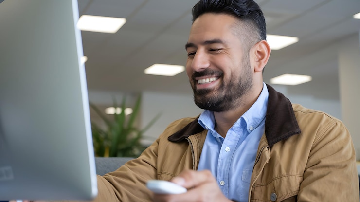 Foto hombre de negocios feliz trabajando en computadora