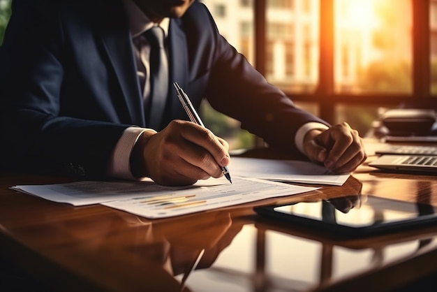 Hombre de negocios firmando un contrato en su escritorio en la oficina