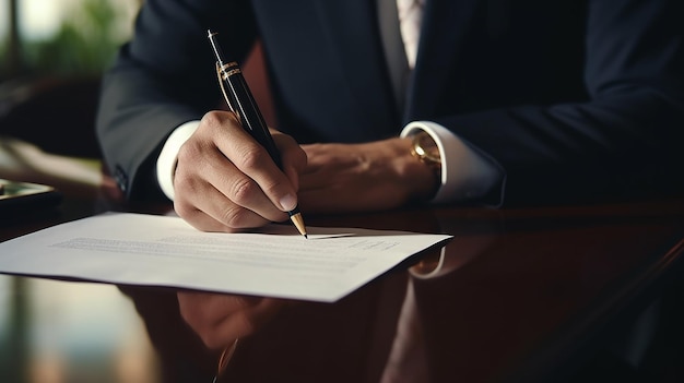 Foto hombre de negocios firmando un documento de contrato en el escritorio de la oficina