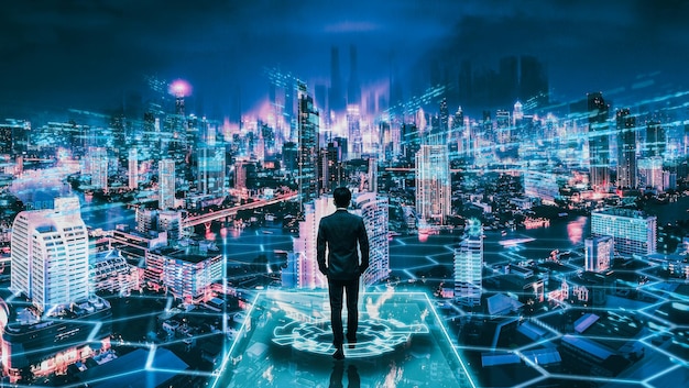 Foto hombre de negocios con fondo de tecnología de ciudad de red de metaverso