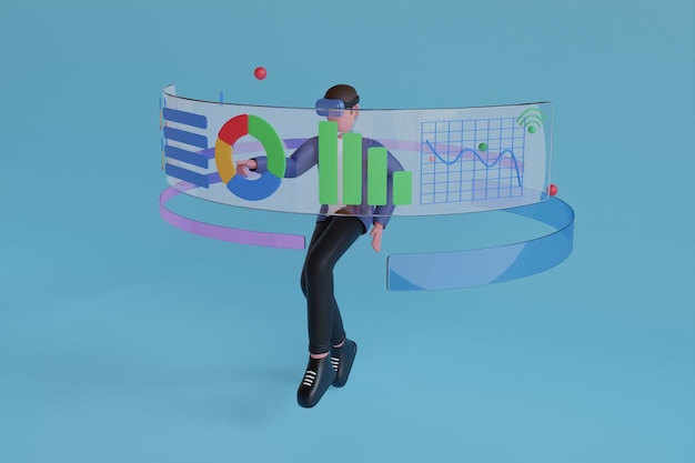 hombre de negocios con gafas de realidad virtual y gestión de infografía. Empresario haciendo análisis