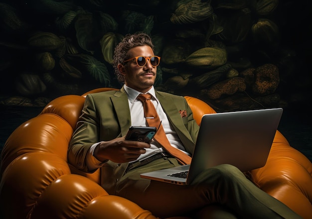 Un hombre de negocios con gafas de sol se sienta con una computadora portátil