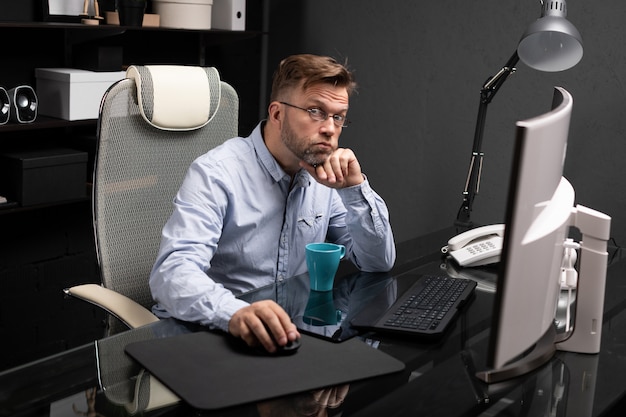 Hombre de negocios con gafas trabajando en la oficina en la mesa de la computadora y tomando café de brillante Copa