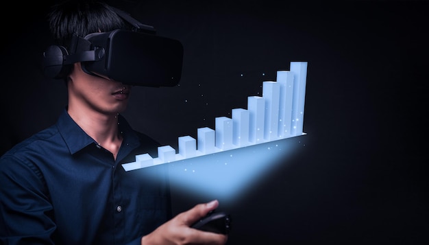 Hombre de negocios con gafas a través de gafas para comprobar el gráfico de negocio gafas VR virtual Global .3D