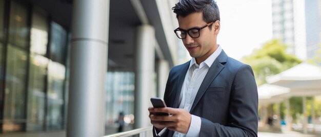 Foto hombre de negocios con gafas usando teléfono móvil por edificio de oficinas