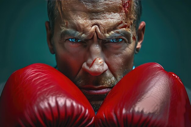 Hombre de negocios gritando con sus guantes de boxeo rojos contra un fondo azul